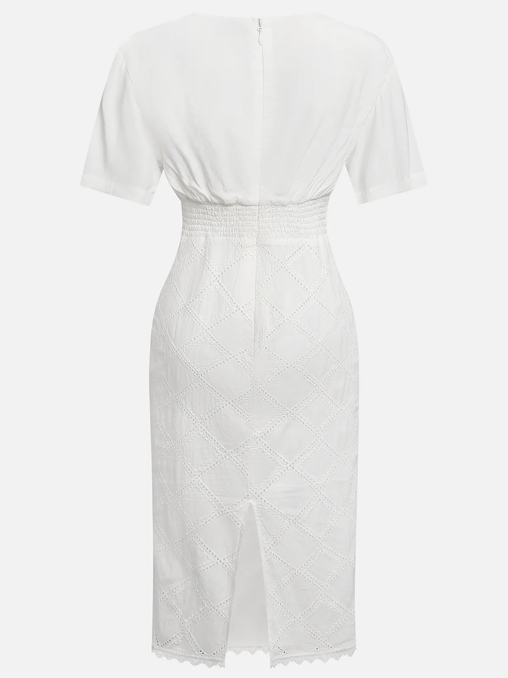 White Hollow Out Plaid Classic V Neck Short Sleeve Sheath Midi Dress