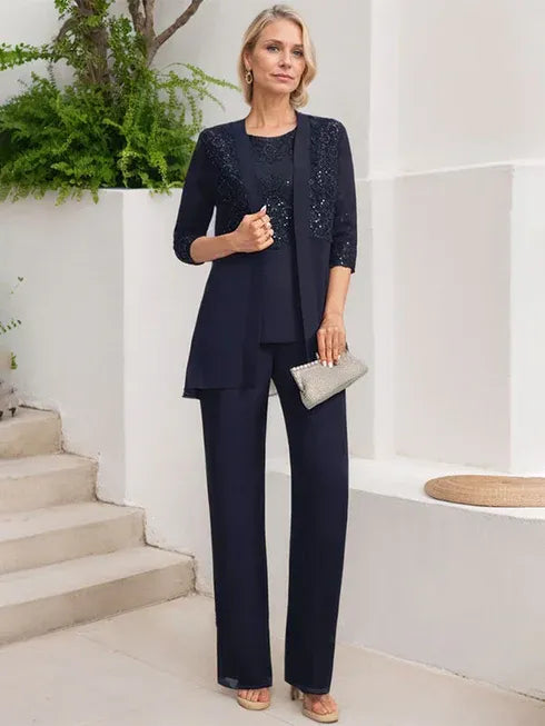Conjunto de mono/pantalón con escote redondo, largo hasta el suelo, de gasa y encaje para madre de la novia con lentejuelas