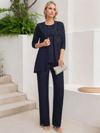 Conjunto de mono/pantalón con escote redondo, largo hasta el suelo, de gasa y encaje para madre de la novia con lentejuelas