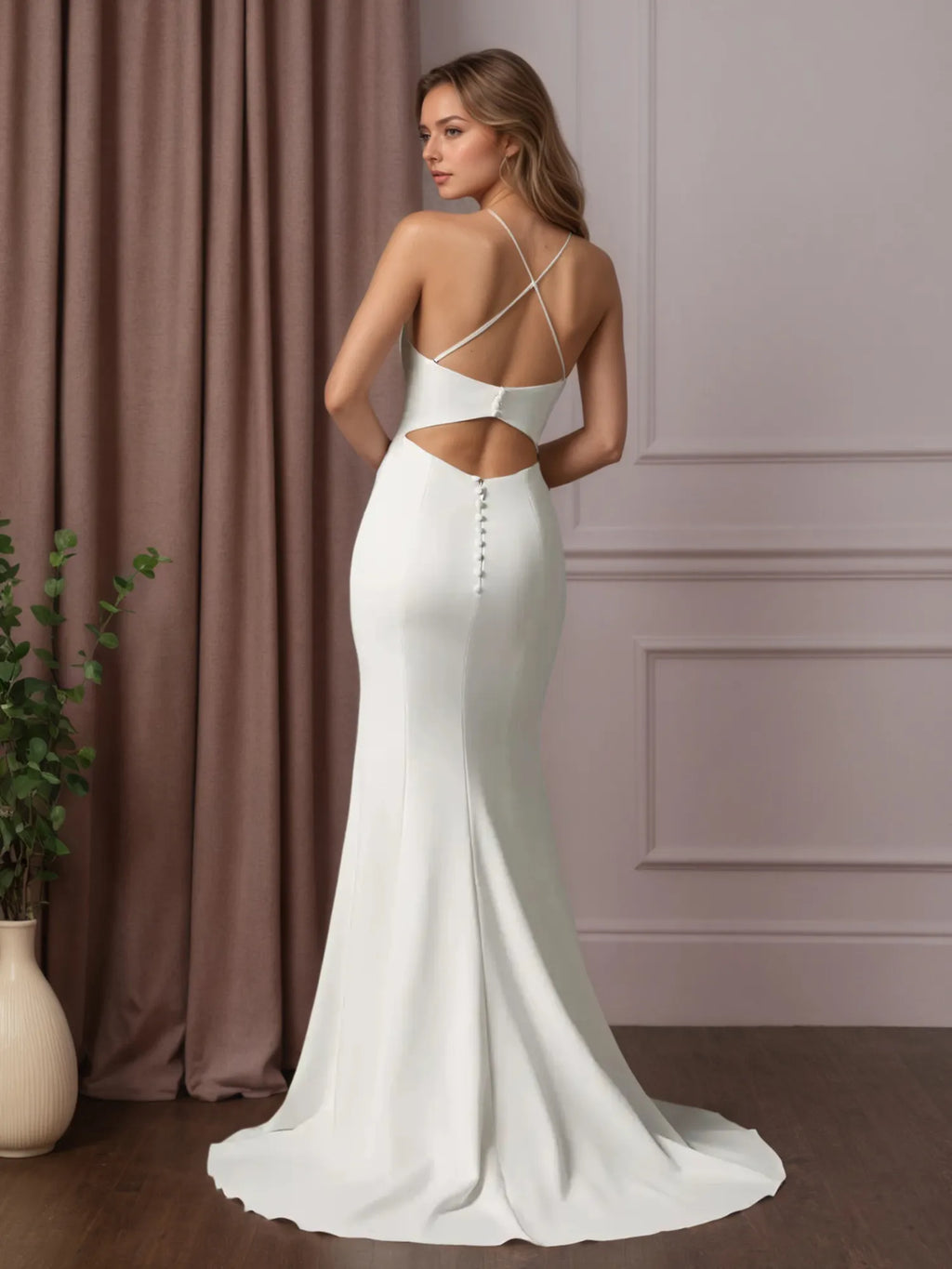 White Mermaid V-Neck Stretch Crepe Wedding Dress