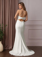 White Mermaid V-Neck Stretch Crepe Wedding Dress