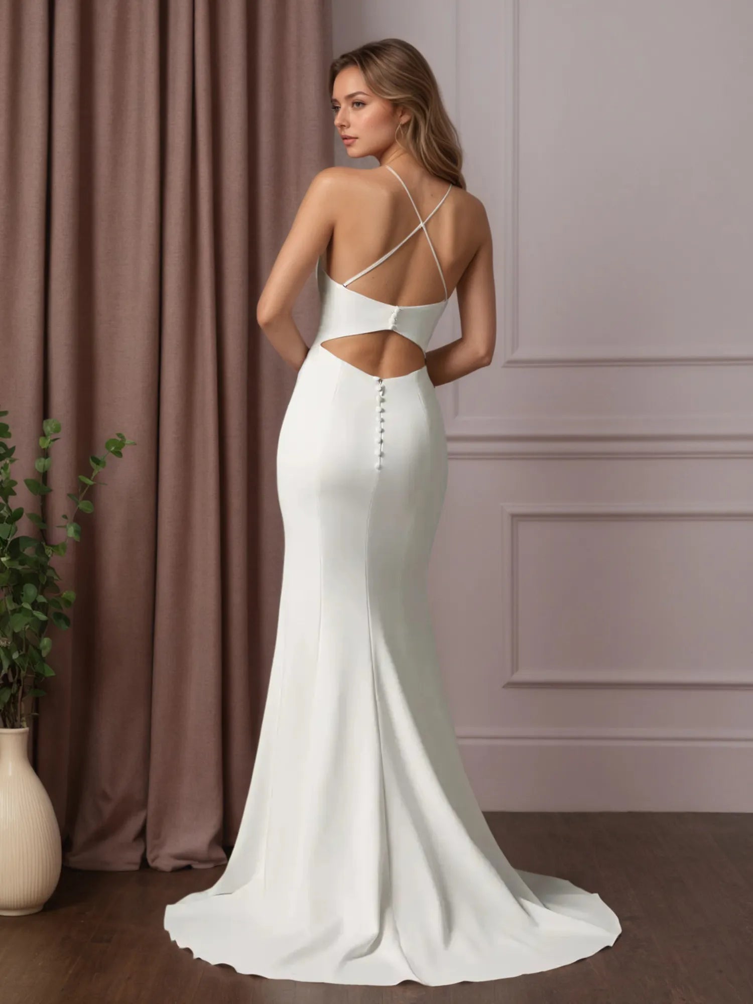 White Mermaid V-Neck Stretch Crepe Wedding Dress