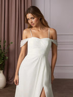 Vestido de casamento branco em linha A de chiffon ombro a ombro