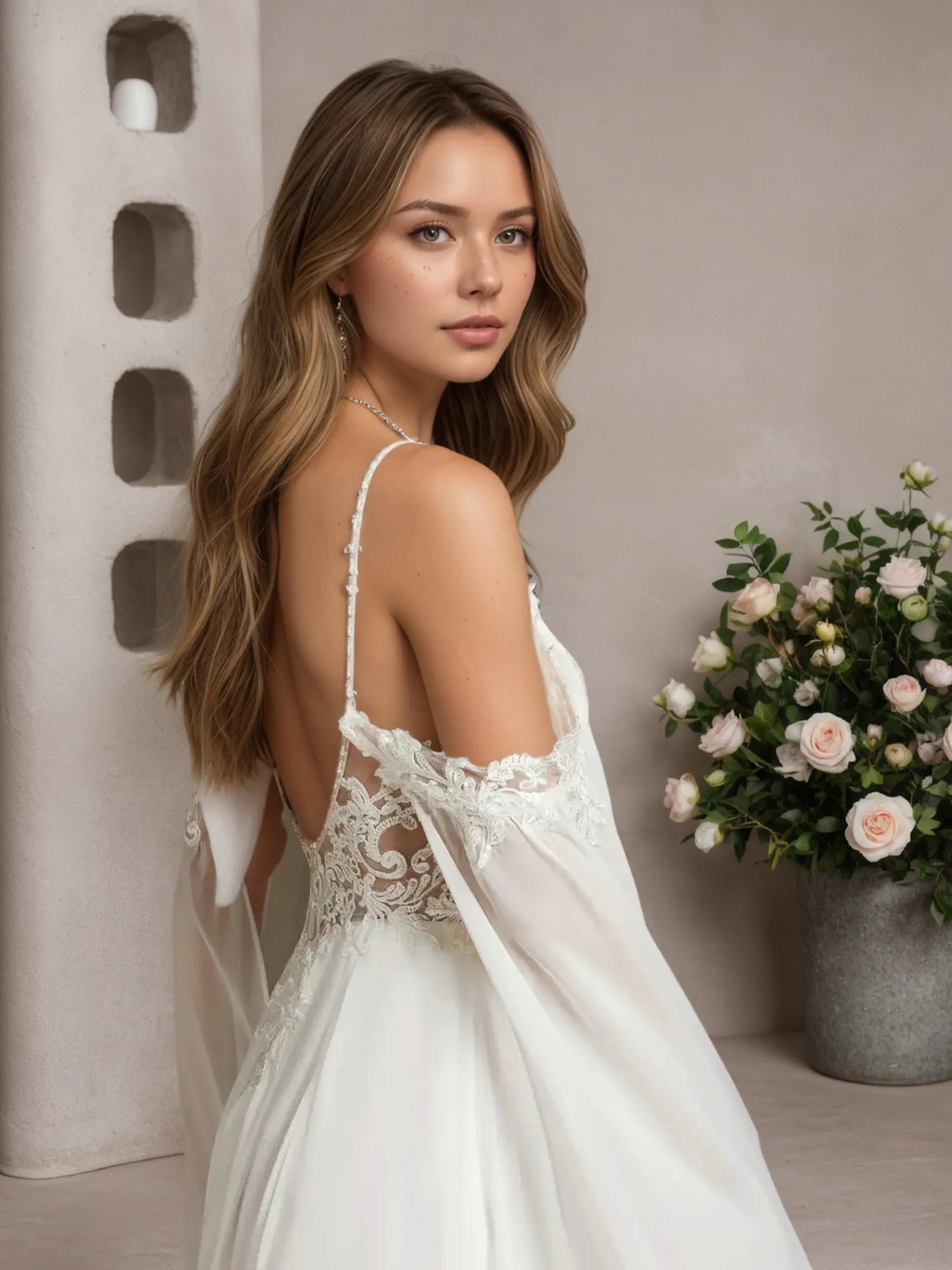 Vestido de novia blanco de gasa con lentejuelas sin mangas y escote off the shoulder en línea A