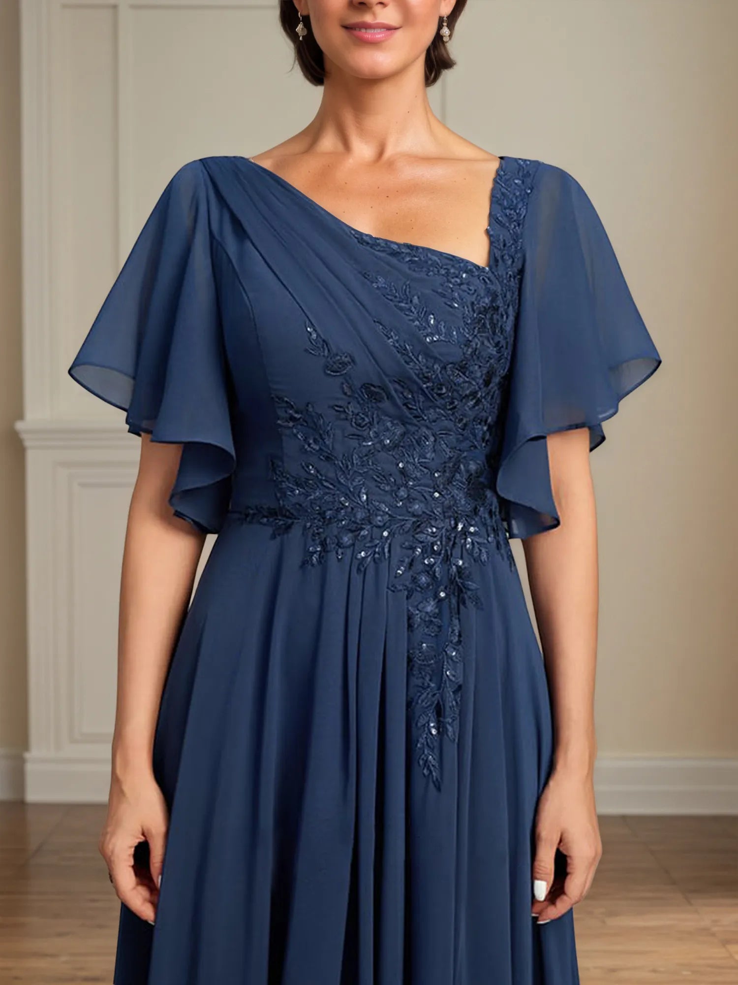 A Line Asymmetrical Floor Length Lace Chiffon Mother of the Bride Dress With Pleated Sequins