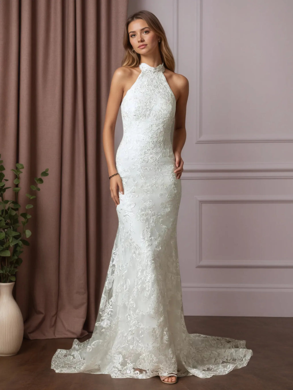 Abito da sposa bianco a tromba/sirena in pizzo plissettato