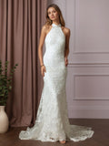 Abito da sposa bianco a tromba/sirena in pizzo plissettato