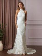 Abito da sposa bianco a tromba/sirena in pizzo plissettato