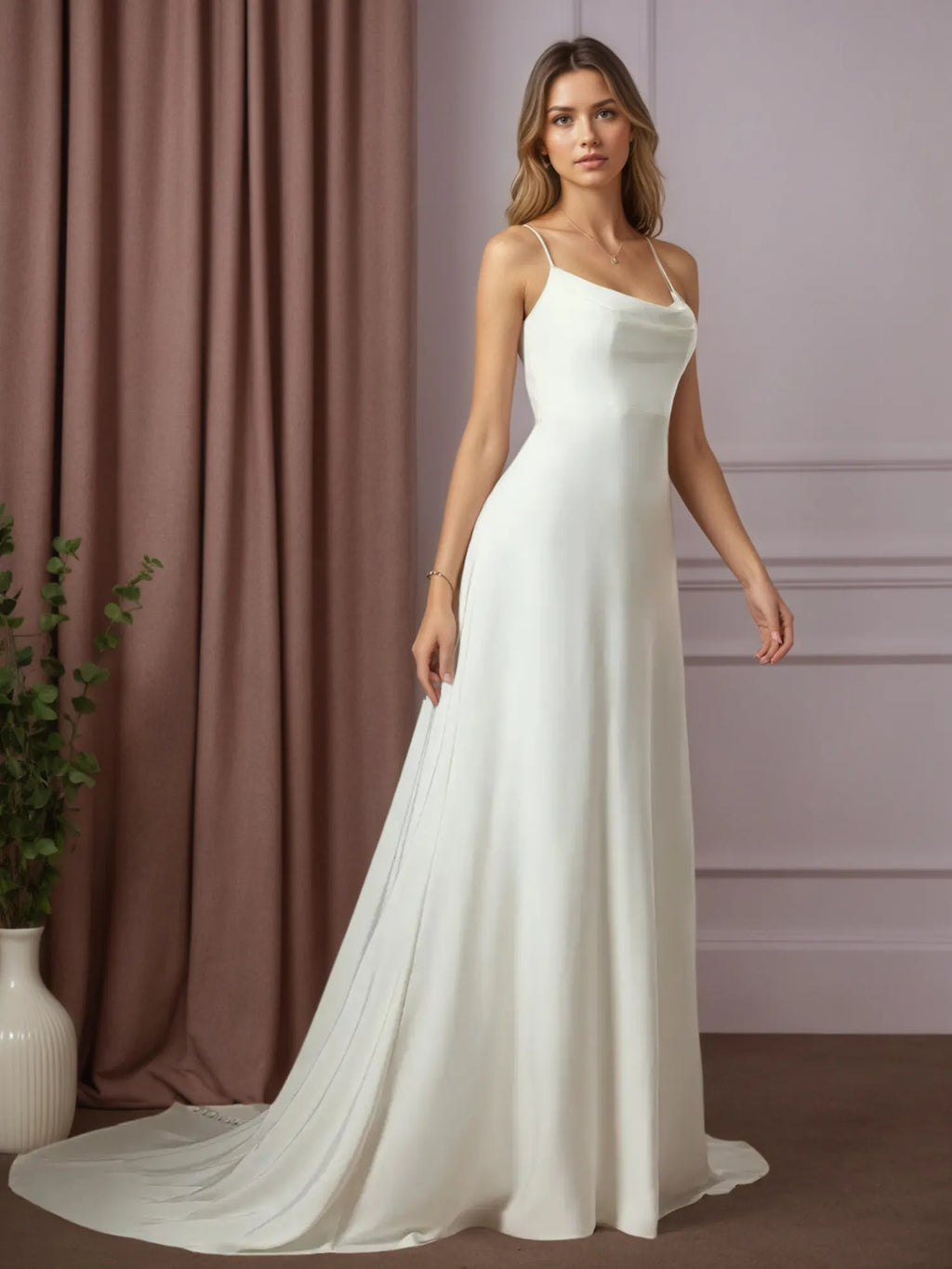 White A-Line Beaded Crepe Back Satin Wedding Dress