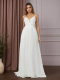 Abito da sposa bianco in chiffon a linea ad A con scollo a V e senza maniche, con paillettes