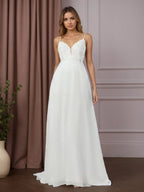 Abito da sposa bianco in chiffon a linea ad A con scollo a V e senza maniche, con paillettes