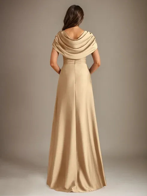 Vestido de madre de la novia en línea A de satén elástico con escote redondo hasta el suelo y volantes en cascada
