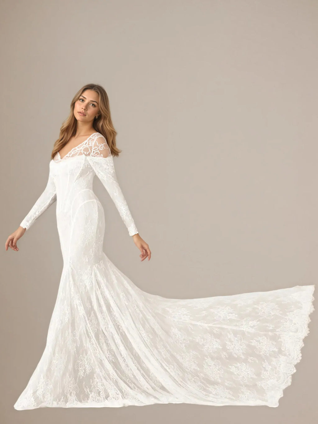 Vestido de novia blanco sirena de tul con escote off the shoulder