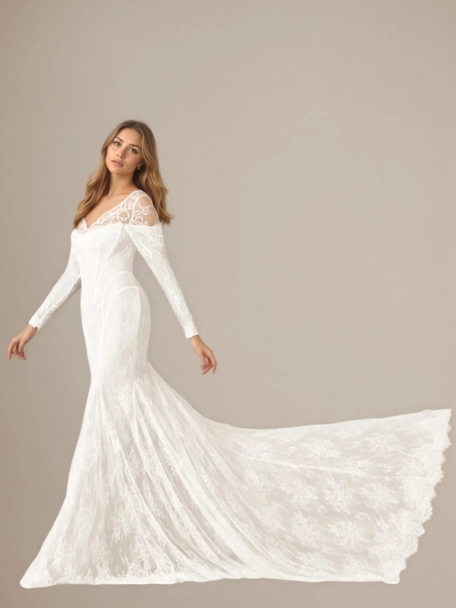 Vestido de novia blanco sirena de tul con escote off the shoulder