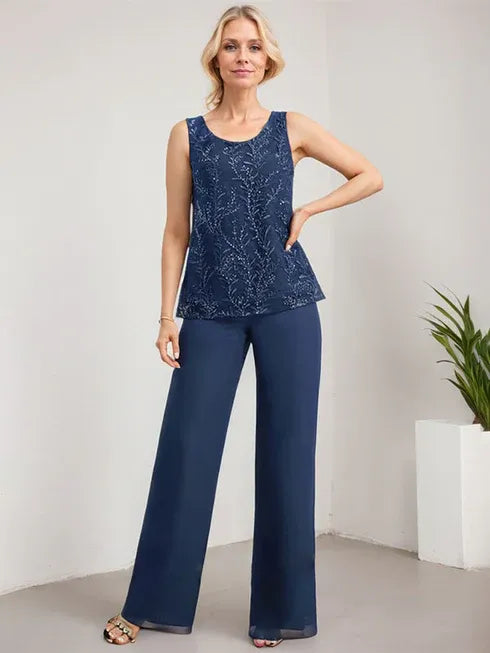 Conjunto separado mono/pantalón con escote redondo, encaje y gasa largo hasta el suelo para madre de la novia con lentejuelas