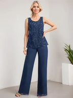 Conjunto separado mono/pantalón con escote redondo, encaje y gasa largo hasta el suelo para madre de la novia con lentejuelas