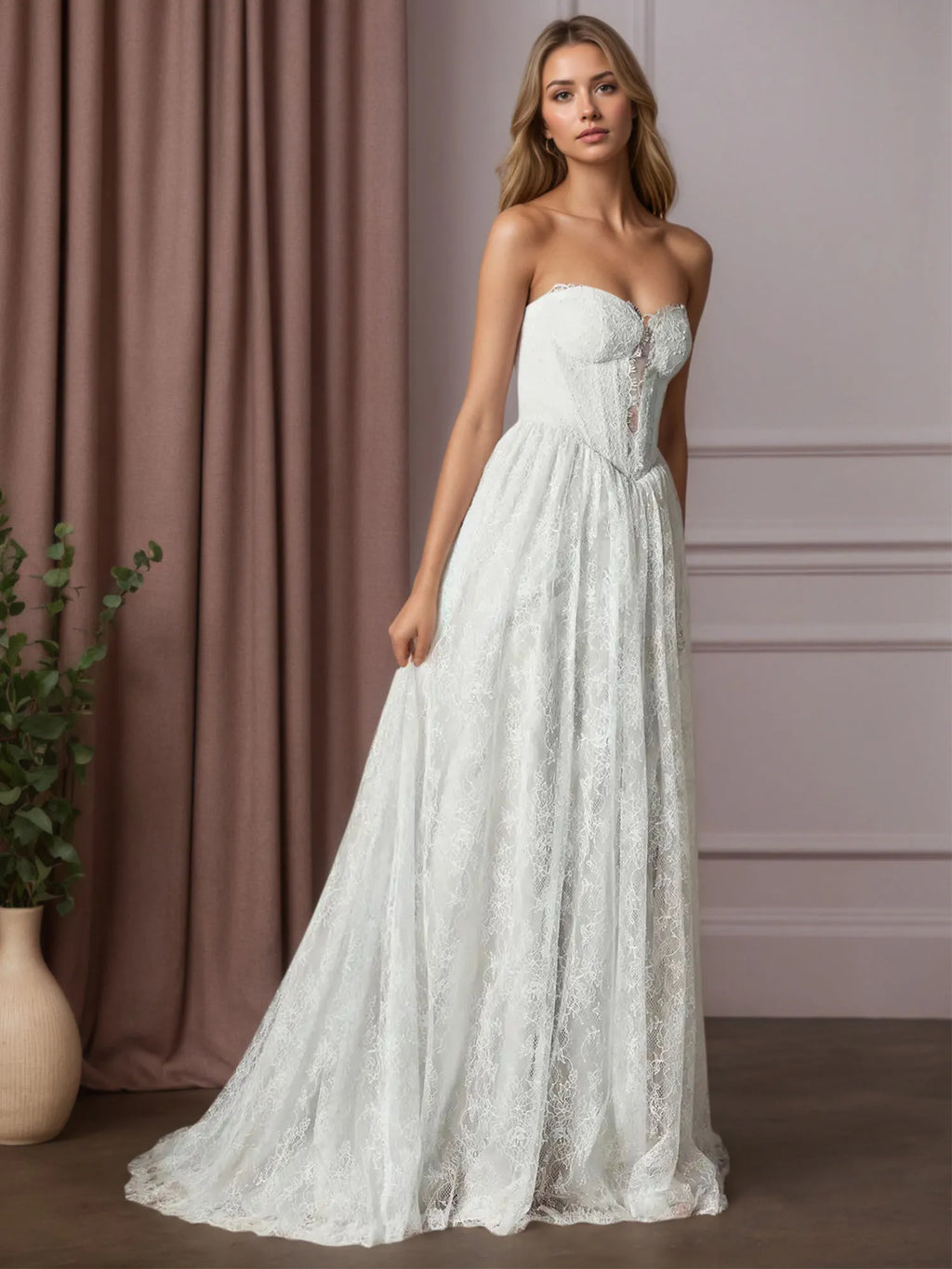 Abito da sposa bianco a linea A con scollo a cuore, senza maniche e pizzo