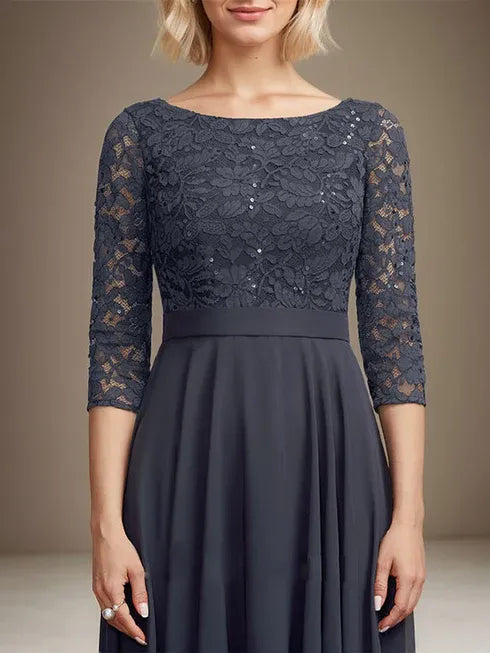 A-Linien Spitzen-Chiffon-Brautmutterkleid mit V-Ausschnitt, tea-length, mit Pailletten