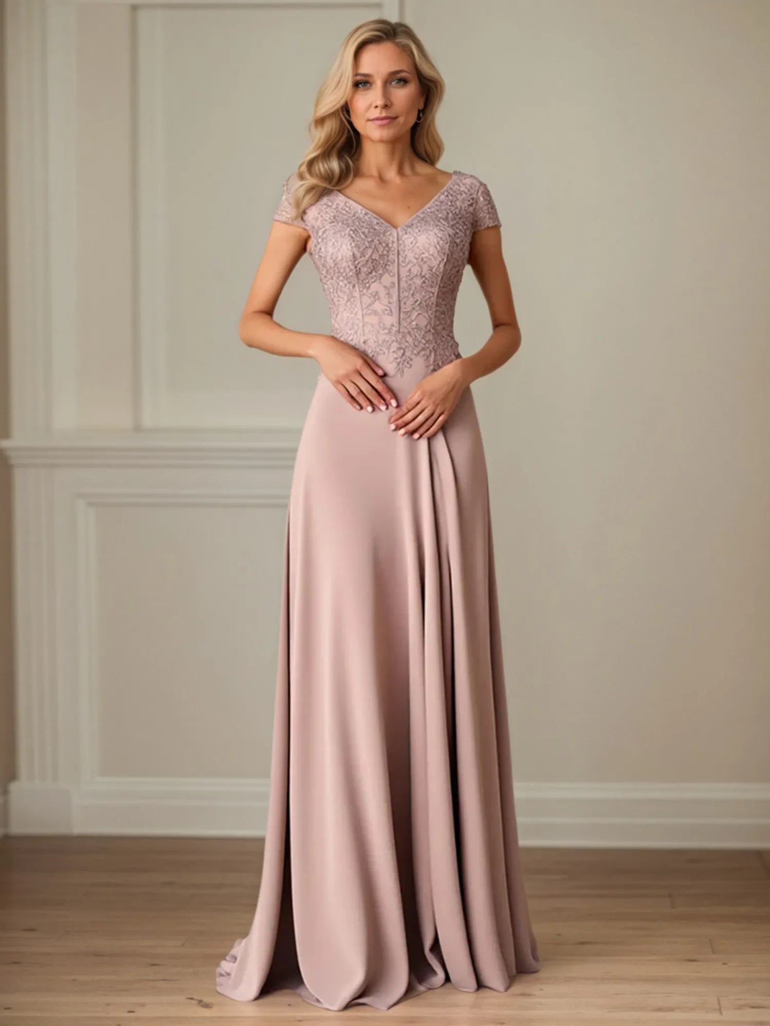 A Line Satin Short Sleeve Floor Length Mother of the Bride Dress with Lace