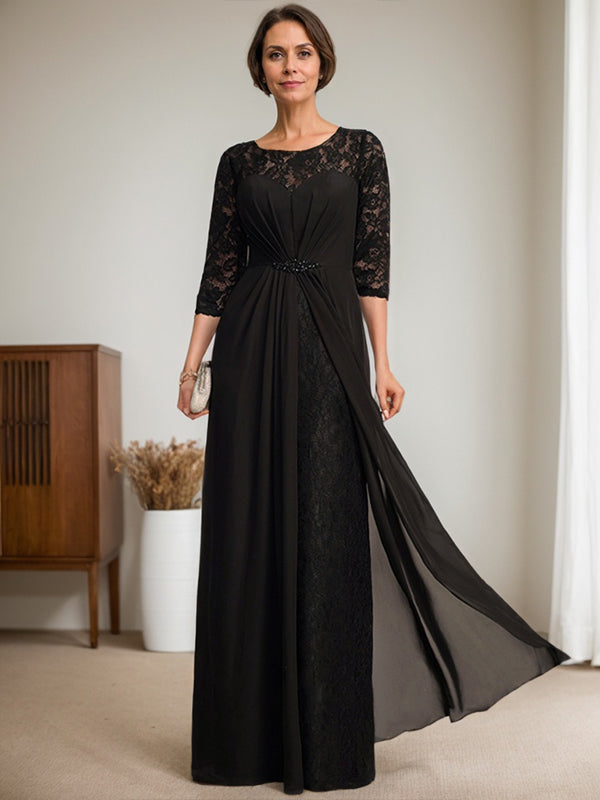 Vestido de mãe da noiva em linha A, com decote redondo ilusão, renda e chiffon longo até o chão, com bordados e babados
