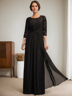 Vestido de mãe da noiva em linha A, com decote redondo ilusão, renda e chiffon longo até o chão, com bordados e babados