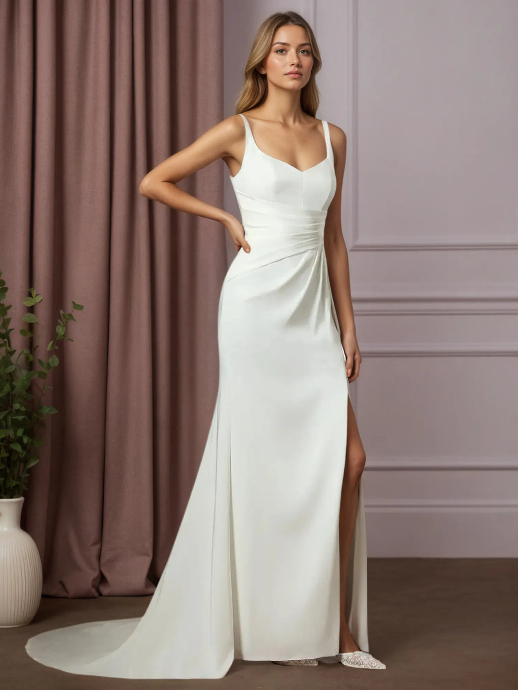 Vestido de Casamento Branco Sereia em Crepe Plissado com Cetim nas Costas