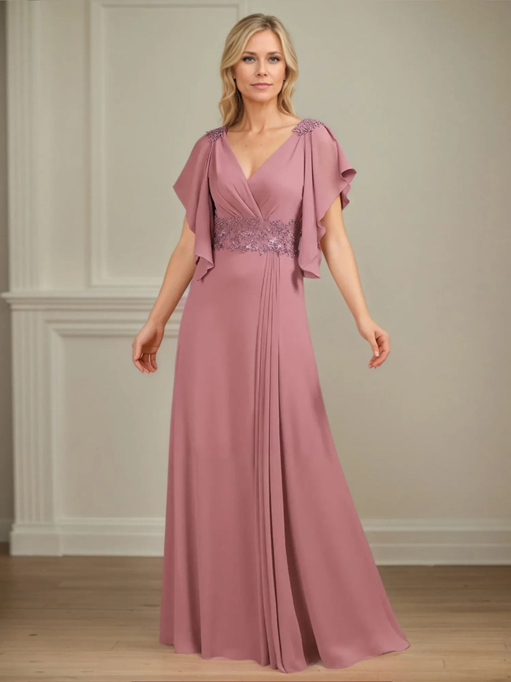 A-Linien V-Ausschnitt Appliziertes bodenlanges Kleid für die Brautmutter mit Rüschen