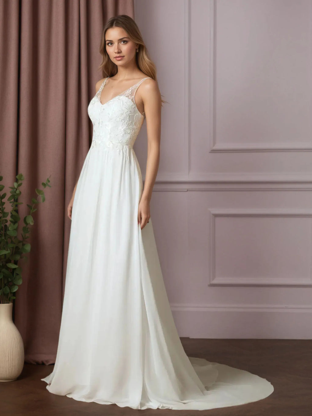 Vestido de novia blanco en línea A de gasa con lentejuelas