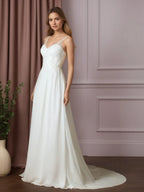 Vestido de novia blanco en línea A de gasa con lentejuelas