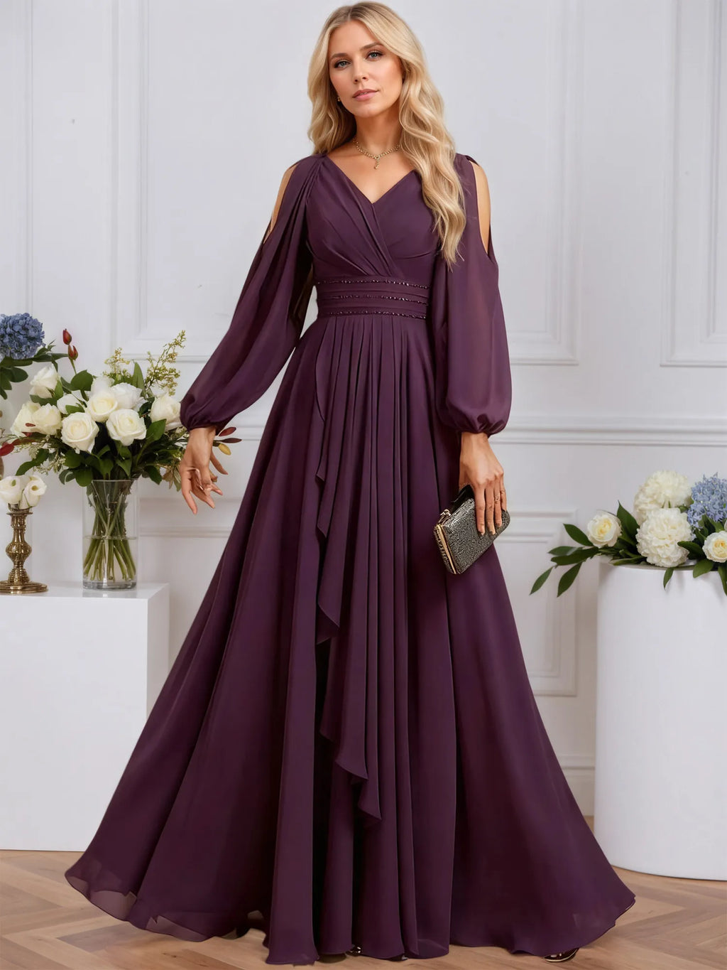 A-line Cold Shoulder V-Neck Floor-Length Chiffon Evening Dress With Cascading Ruffles Beading