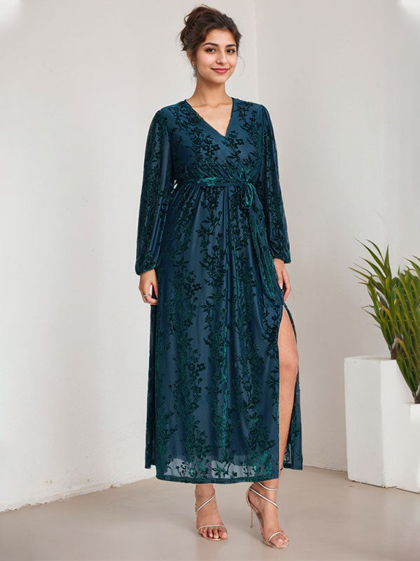 A-Linien V-Ausschnitt langärmliges Samt Tee-Länge Kleid für die Brautmutter mit Schlitz