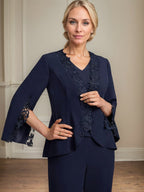 Conjunto de dos piezas mono/pantalón con escote en V, largo hasta el suelo, de gasa para madre de la novia