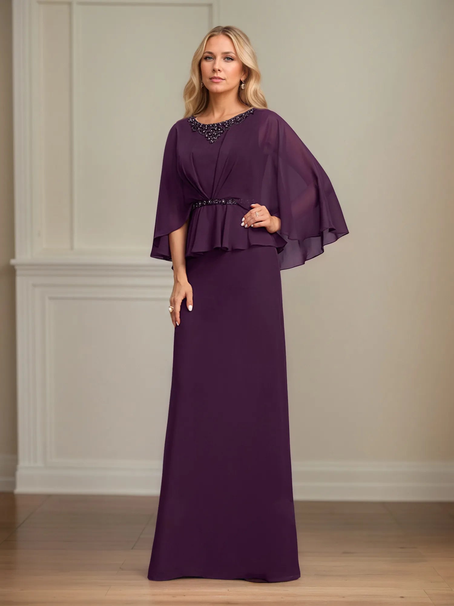 A-Linien U-Ausschnitt bodenlanges Chiffon-Mutter-der-Braut-Kleid mit plissierten Pailletten und Perlen