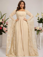 A-Linien quadratisches bodenlanges Chiffon-Spitzen-Abendkleid mit Perlenbesatz und Plissees