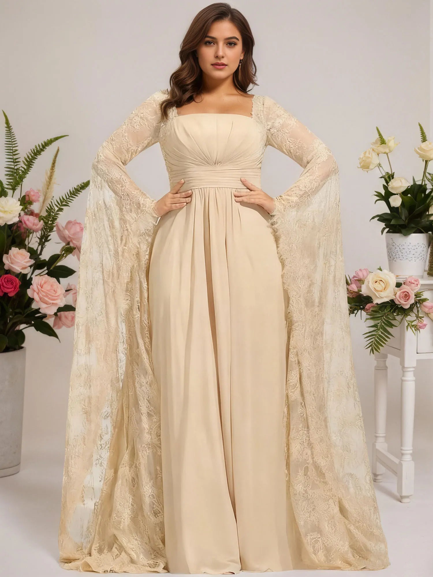 A-line Square Floor-Length Chiffon Lace Evening Dress With Beading Pleated