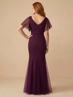 Trumpet-/Meerjungfrau-Kleid mit V-Ausschnitt, bodenlang, Brautmutterkleid mit fallenden Rüschen