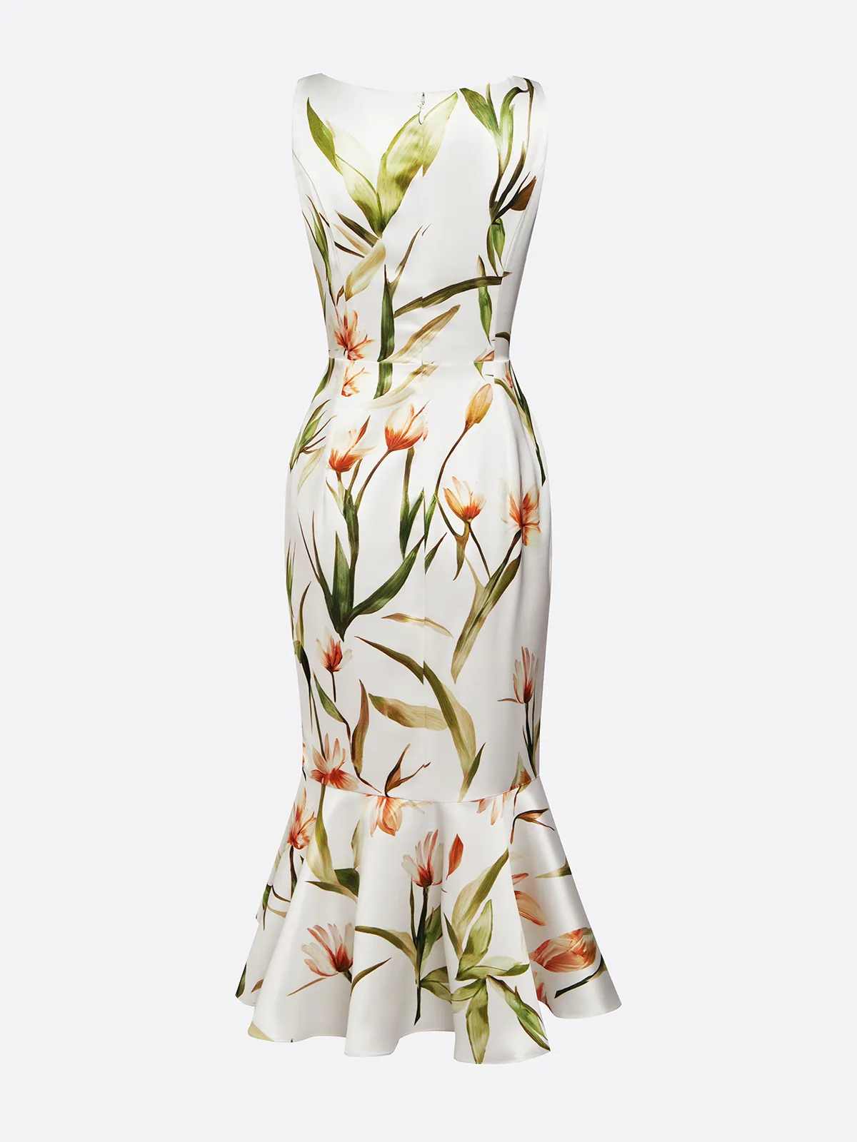 Vestido midi de satén marfil con escote en V y corte sirena floral