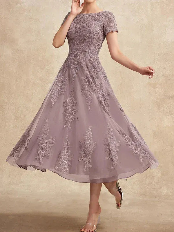 Robe de mère de la mariée A-line en tulle et dentelle, col arrondi, longueur thé
