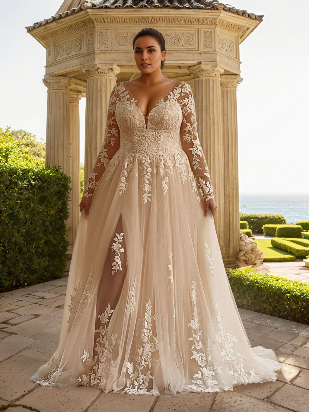 Long Sleeves Applique Wedding Dress V Neck White Bridal Gown Plus Size