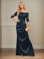 Sheath/Column Off the Shoulder Floor-Length Lace Stretch Satin Evening Dress With Pleated