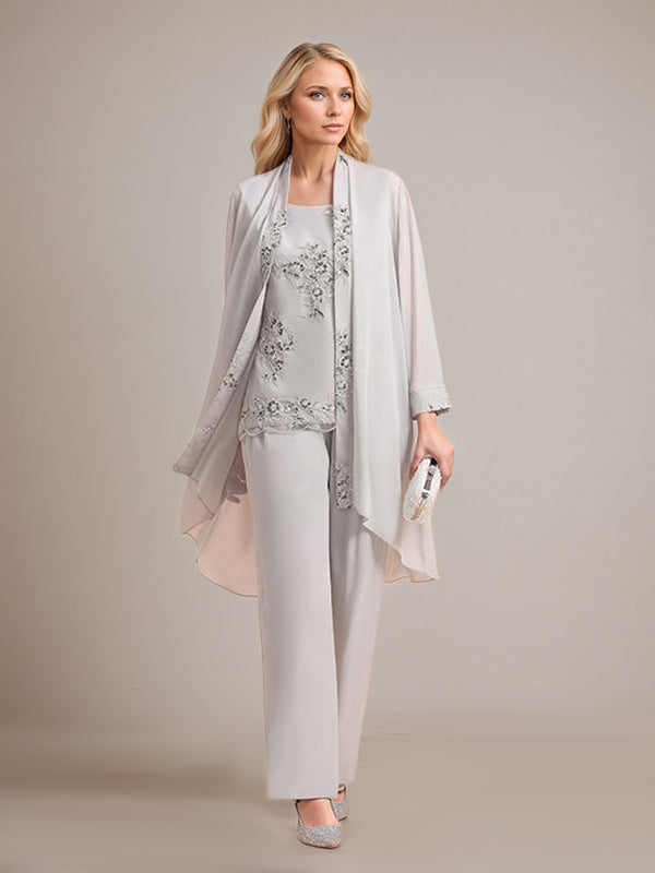 Eleganter ärmelloser Silber-Chiffon-Mutter-der-Braut-Jumpsuit mit Applikationen und Wickelung