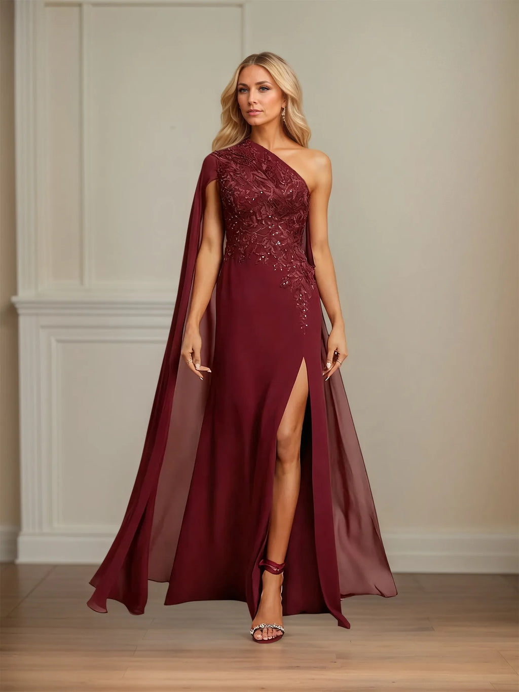 Vestido de Mãe da Noiva em Chiffon, Modelo Tubinho/Coluna, Ombro Único, Comprimento Longo com Apliques