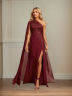 Vestido de Mãe da Noiva em Chiffon, Modelo Tubinho/Coluna, Ombro Único, Comprimento Longo com Apliques