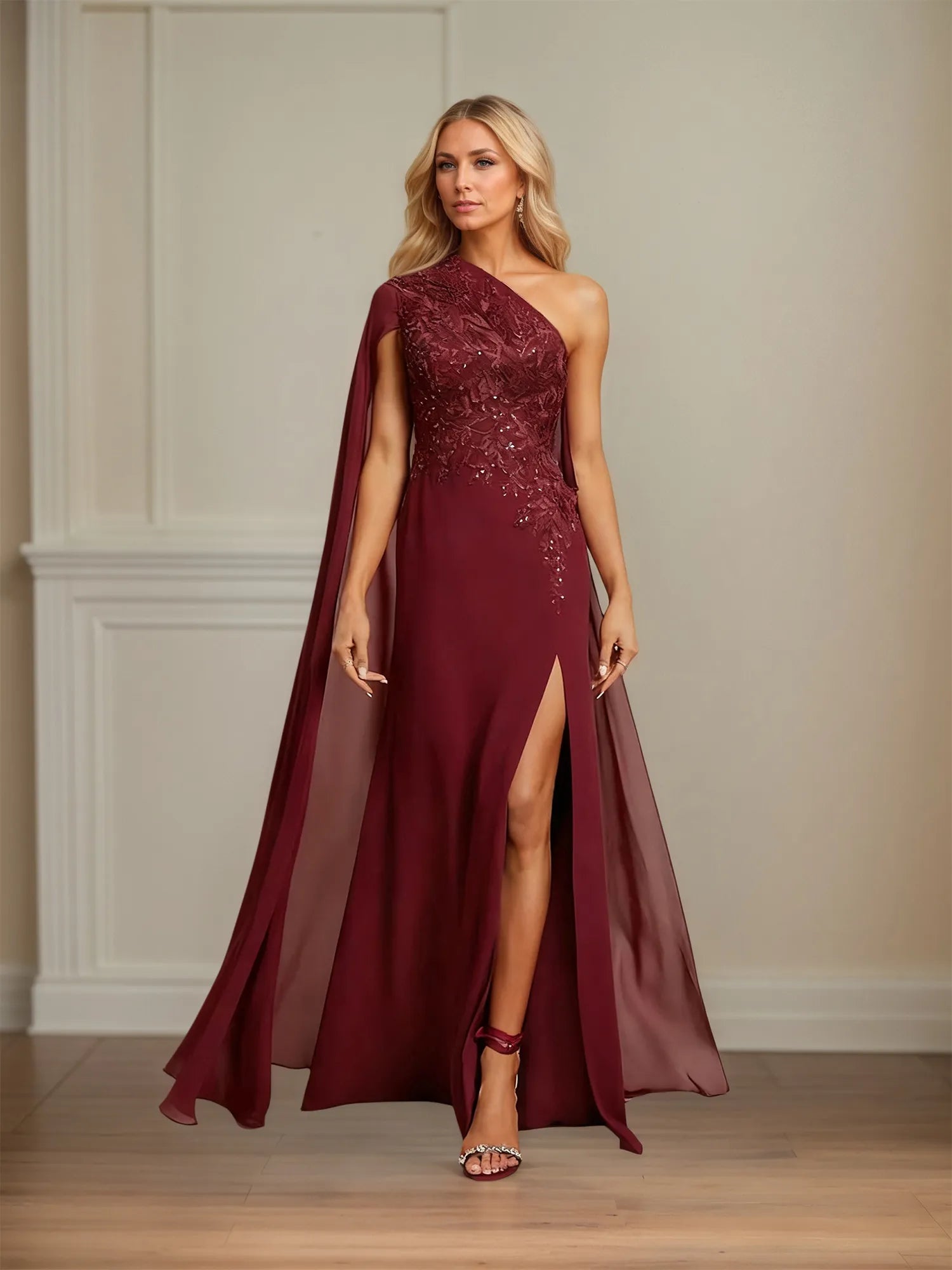 Vestido de Mãe da Noiva em Chiffon, Modelo Tubinho/Coluna, Ombro Único, Comprimento Longo com Apliques