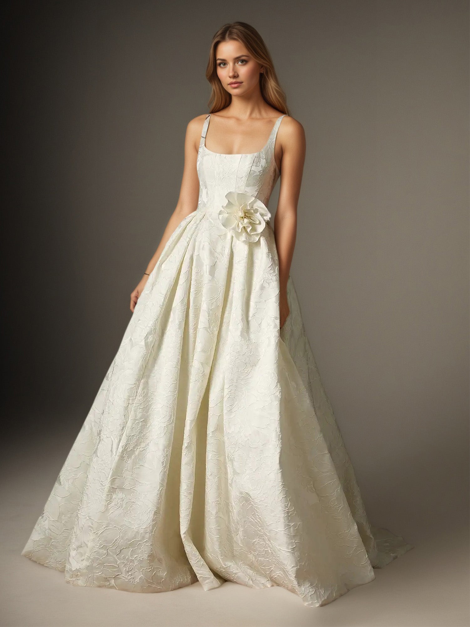 Robe de mariée blanche style robe boule avec poches en jacquard floral