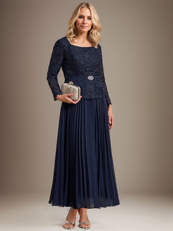 Abito da madre della sposa a linea A, scollo quadrato, lunghezza alla caviglia in chiffon con pieghe