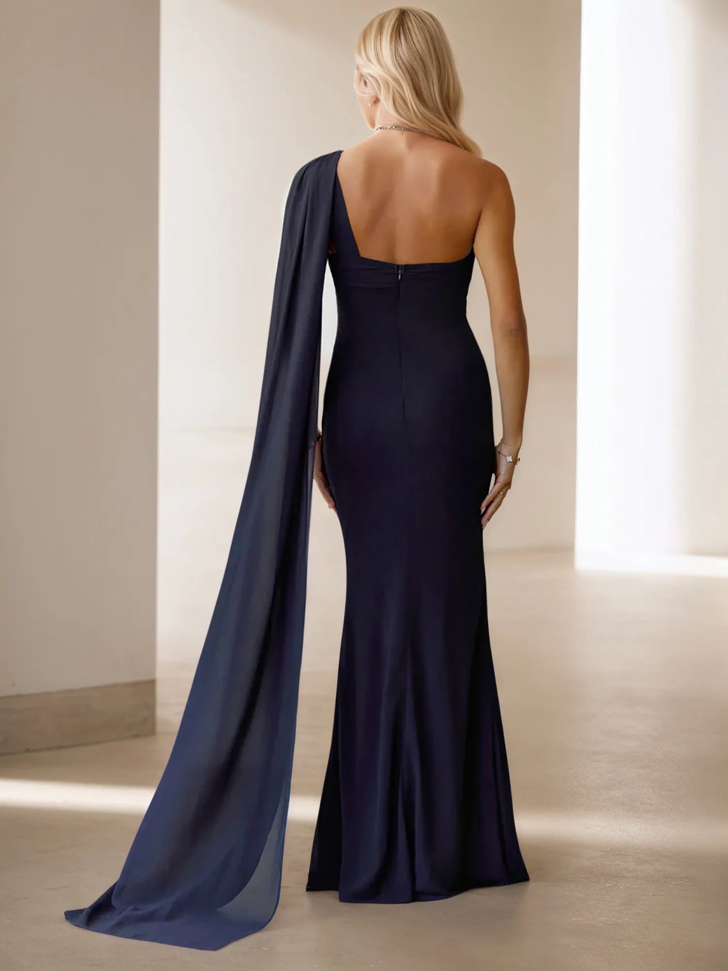 One-Shoulder Cape Detail Chiffon Mermaid Maxi Gown Formal Evening Dress