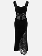 Schwarzes Spitzenkleid mit Schleife, ärmelloses Meerjungfrau-Maxikleid aus Samt