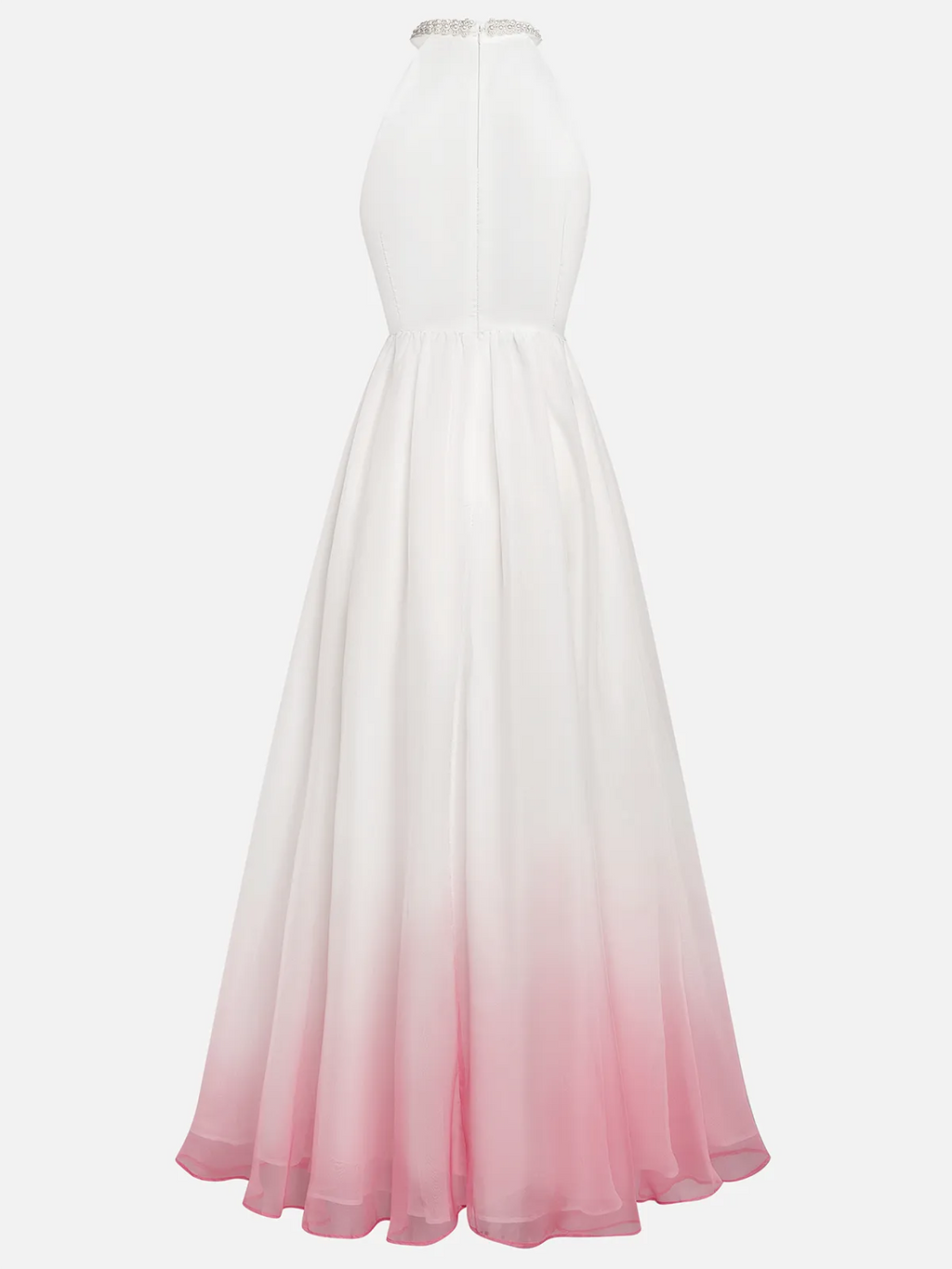 Vestido longo rosa evasê em chiffon com decote halter, efeito ombré, pérolas, recorte e gola alta falsa
