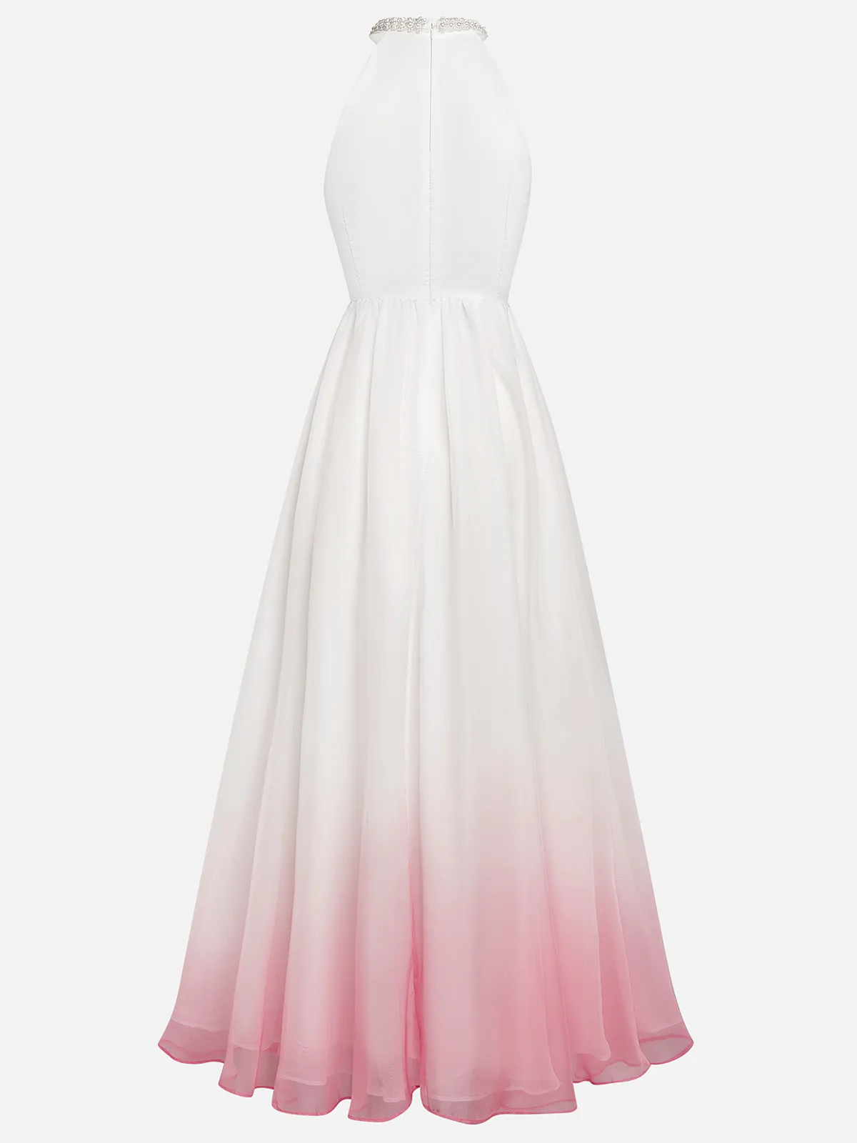 Vestido longo rosa evasê em chiffon com decote halter, efeito ombré, pérolas, recorte e gola alta falsa